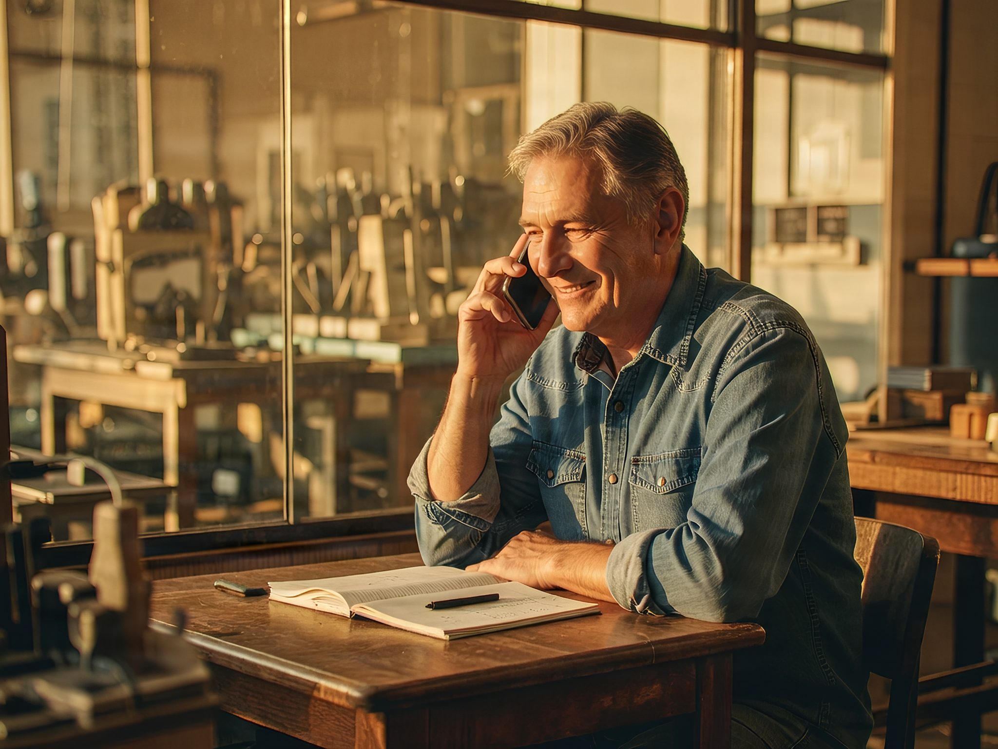 Un artisan sourit au téléphone, assis à son bureau dans l’atelier, un carnet ouvert devant lui.