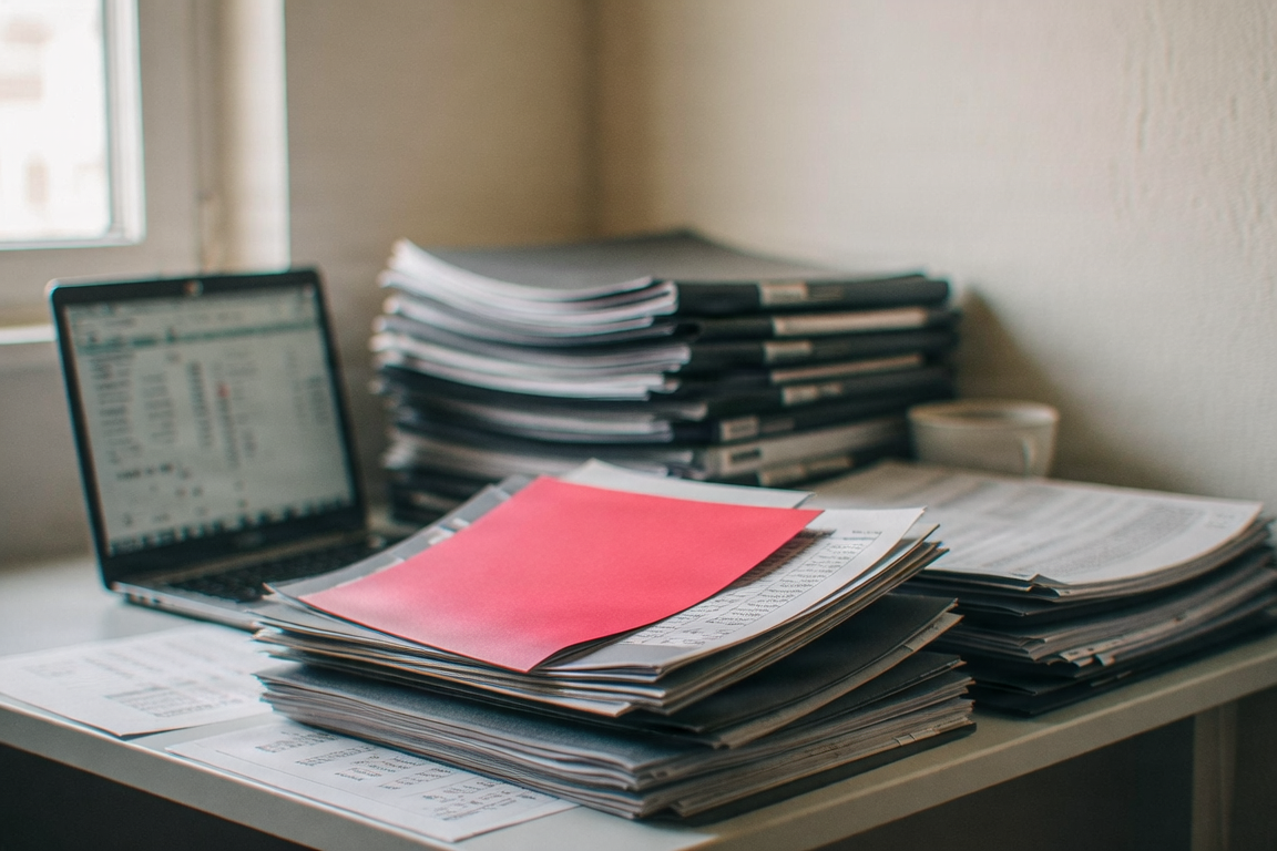Bureau d’un cabinet : dossiers, feuilles imprimées floues et ordinateur portable vu de biais.